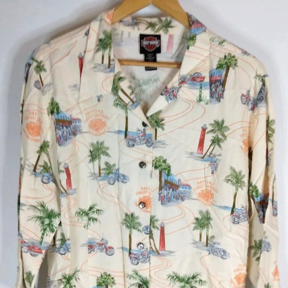 Tori Richard Harley Davidson Daytona Hawaiian Shirt Womens XL Long Sleeve Biker